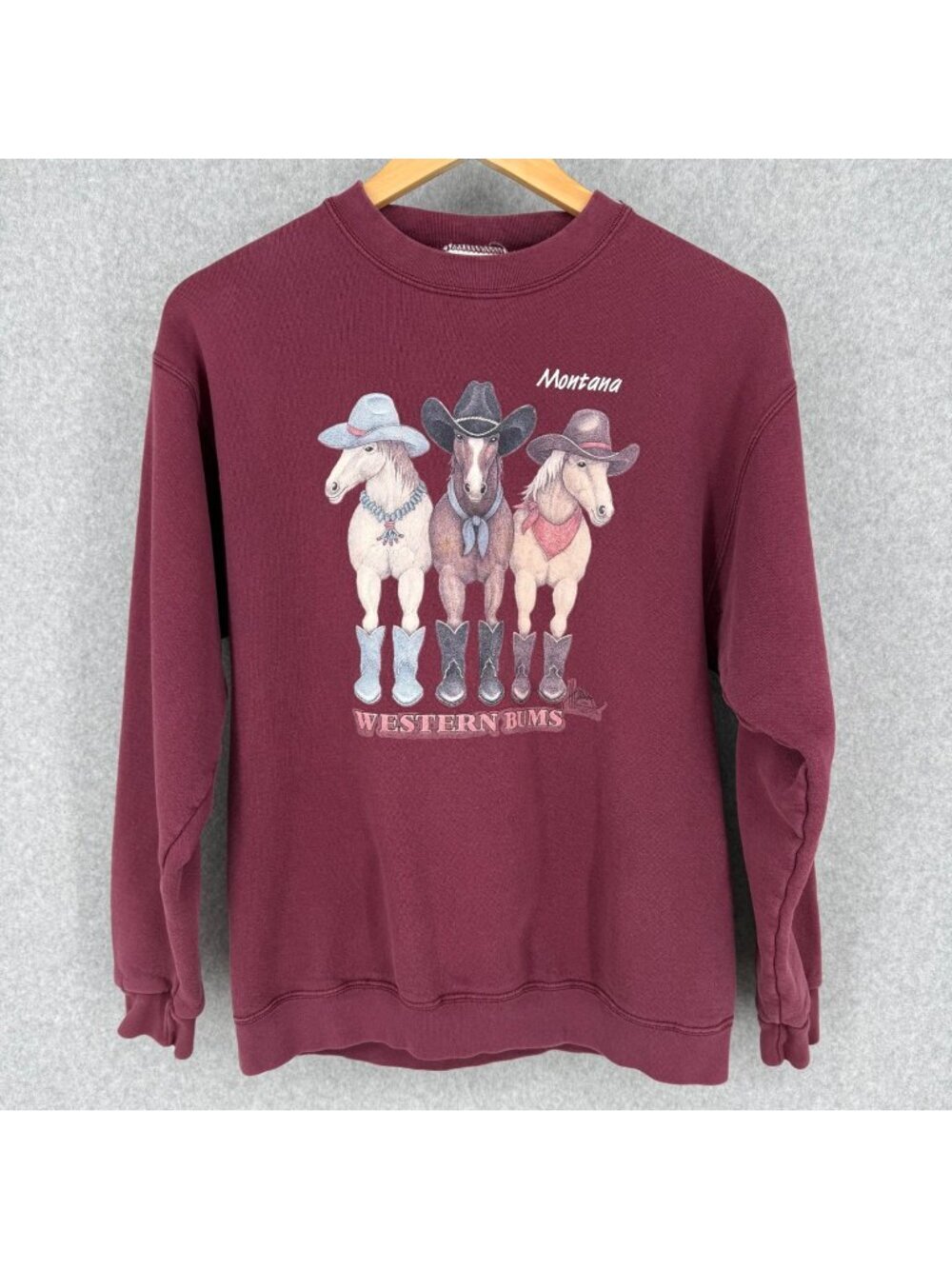 VTG Lee Montana Western Bums Horse Graphic Sweatshirt Size M Berry Red Cowgirl
